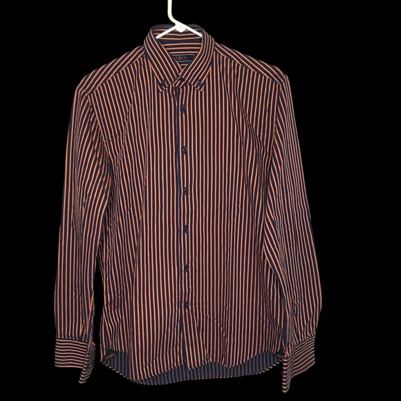 Men’s Orange/Navy Blue Italian Cotton Dress Shirt Long Sleeve - Picture 2 of 13